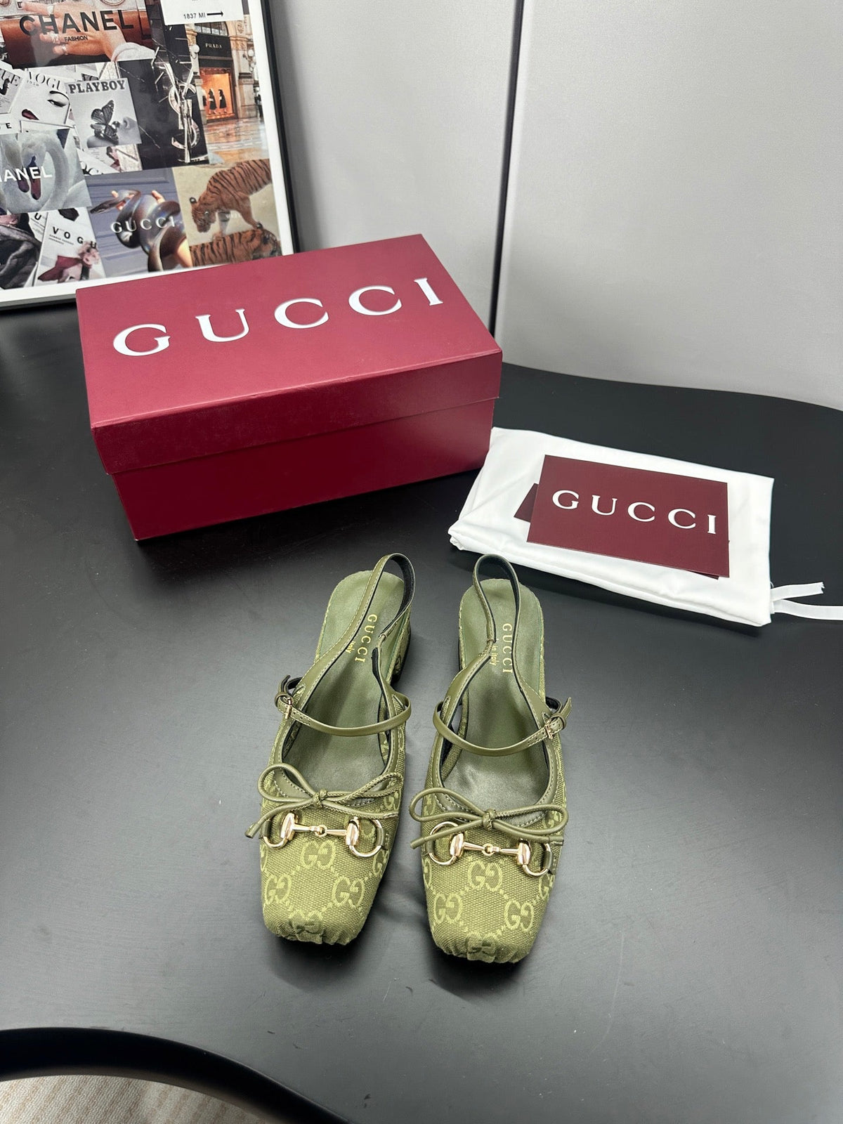 GG 26s Horsebit Slingback 2.5cm Olive Canvas 688317