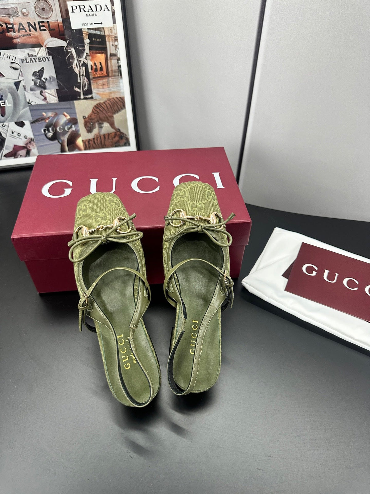 GG 26s Horsebit Slingback 2.5cm Olive Canvas 688317