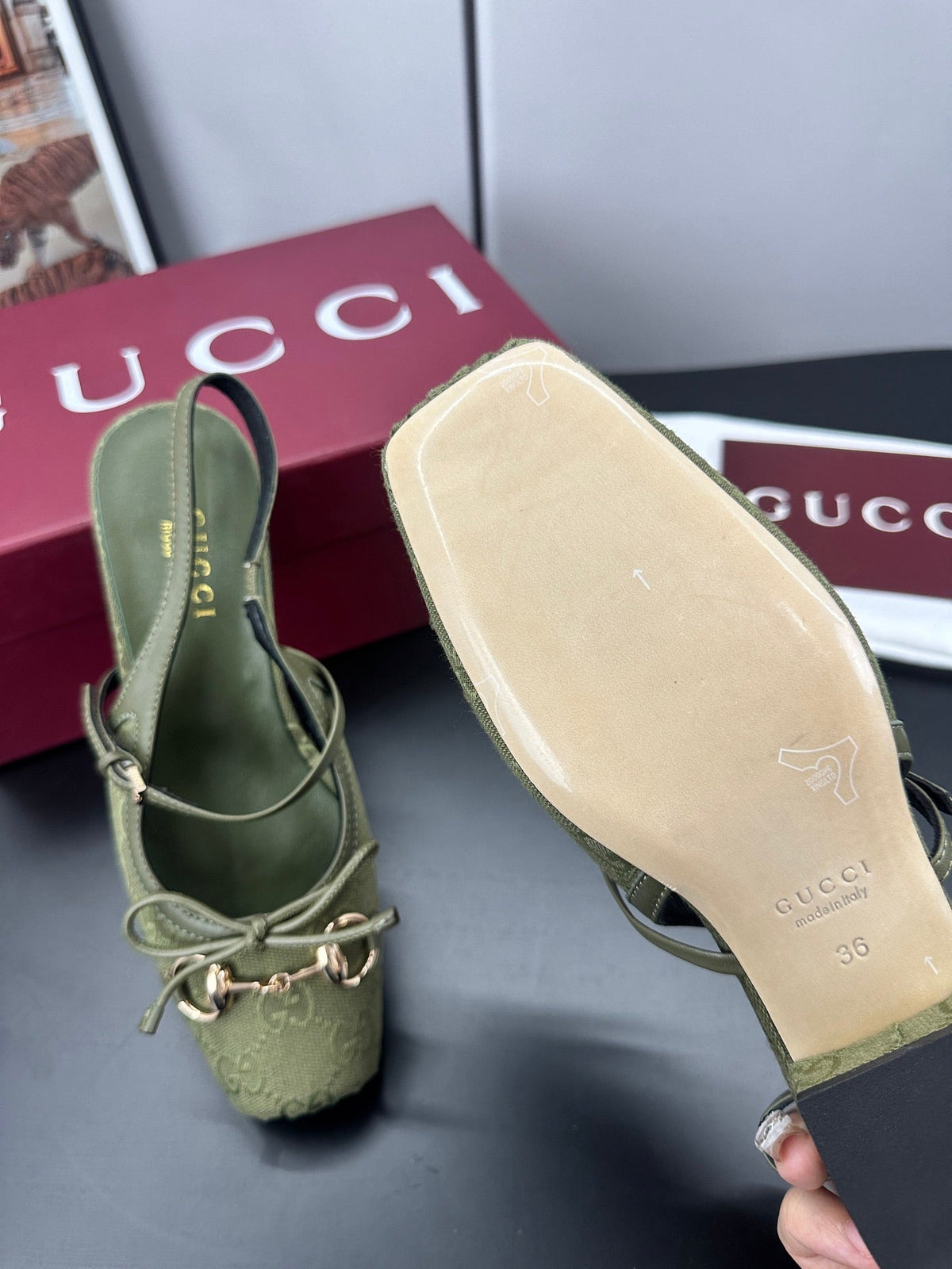 GG 26s Horsebit Slingback 2.5cm Olive Canvas 688317