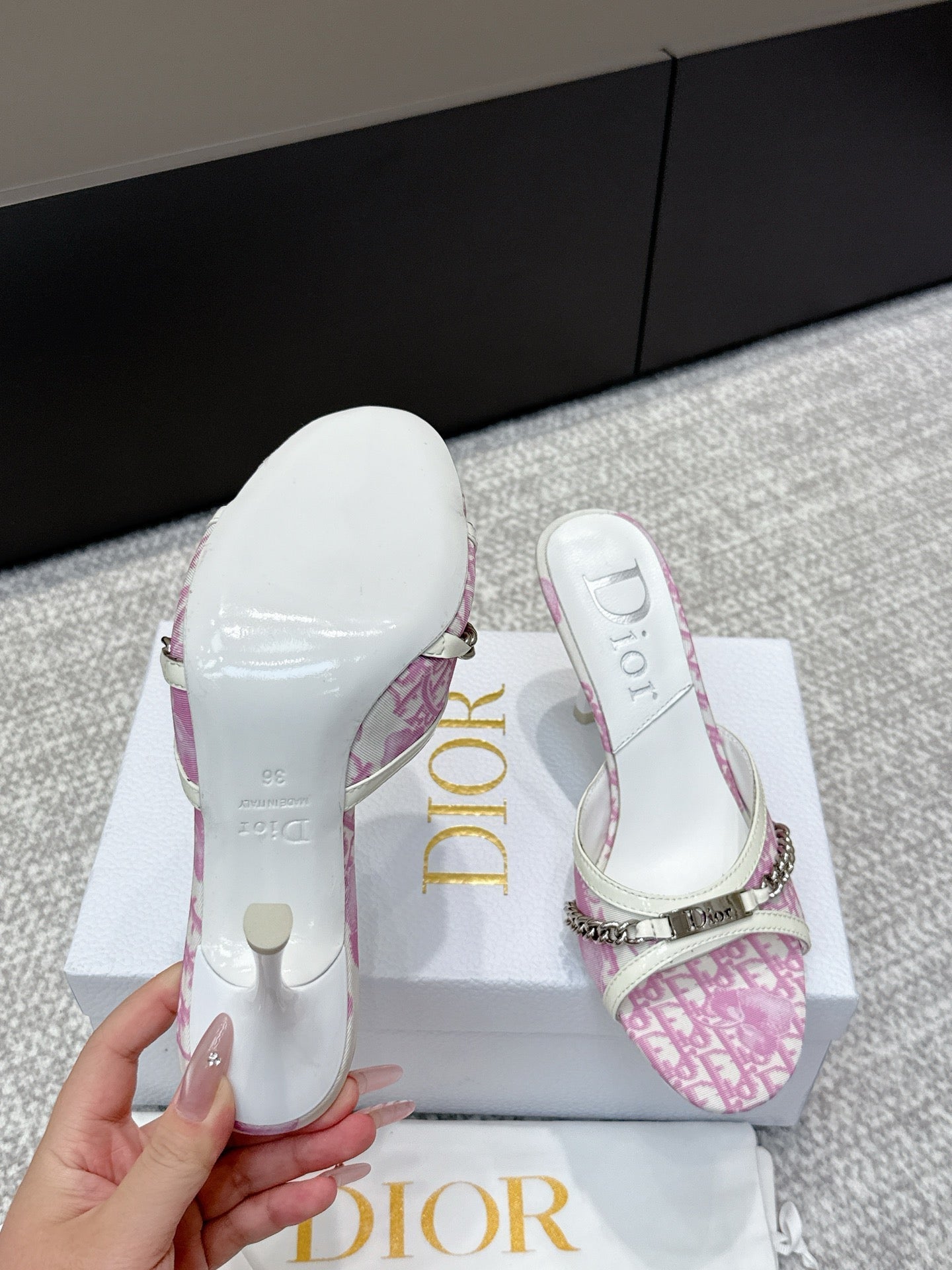 CD 26s High Heels Sandals 85 White Pink Fabric Cowhide 661471