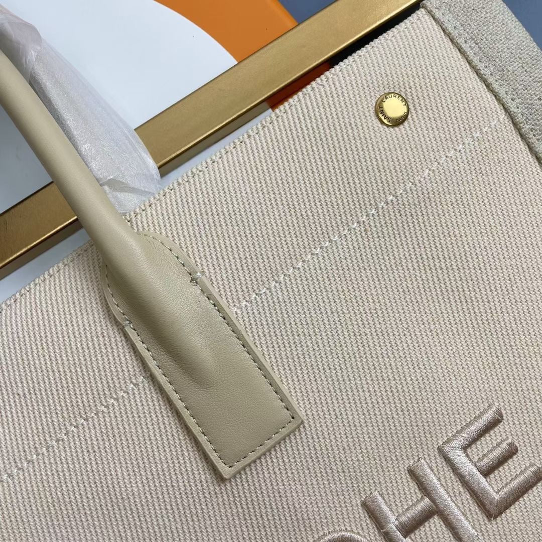 Rive Gauche Tote Ivory Canvas Leather Trim 286036