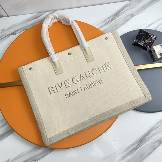 Rive Gauche Tote Ivory Canvas Leather Trim 286036