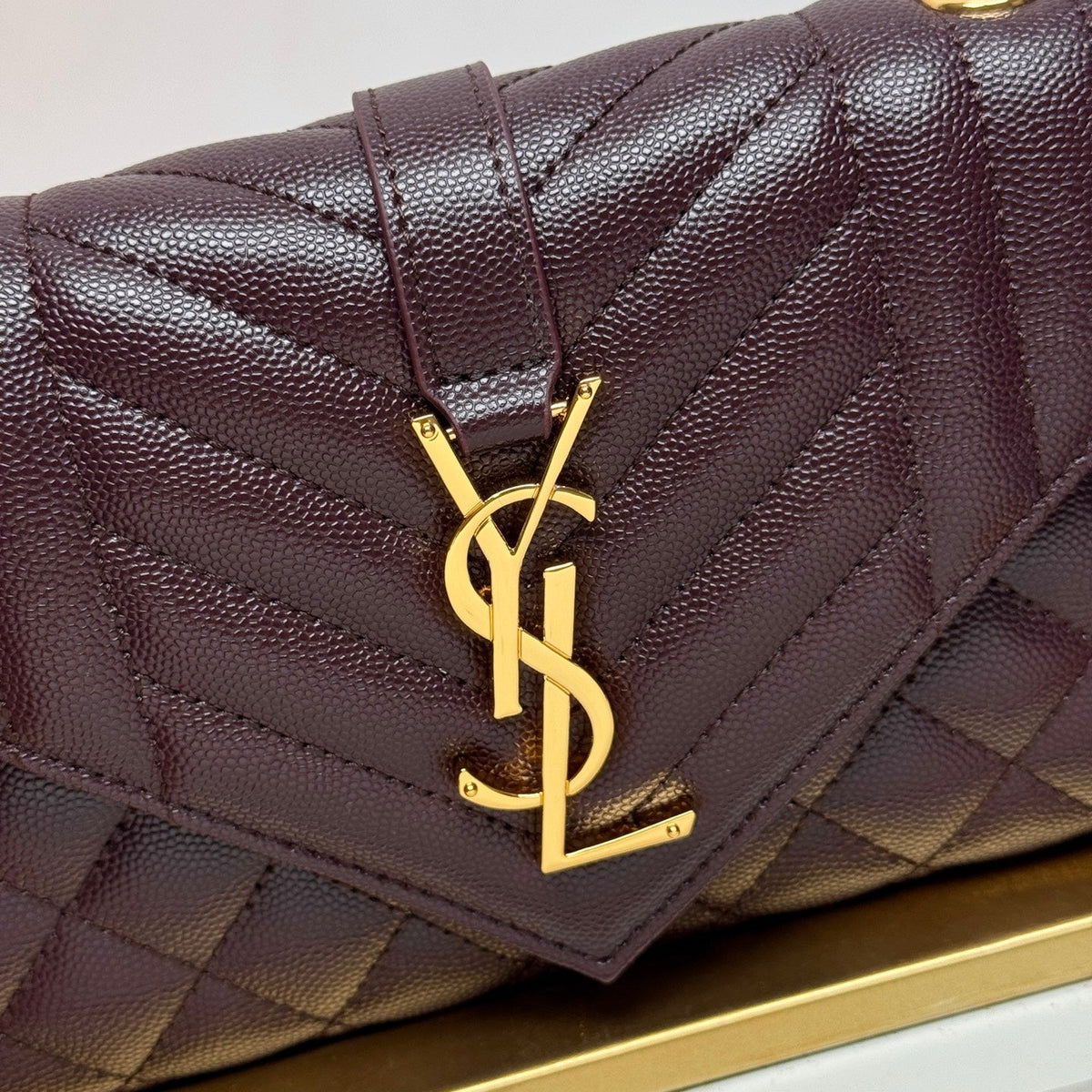 YSL Envelope Small Bag 21cm Burgundy Embossed Leather 285995