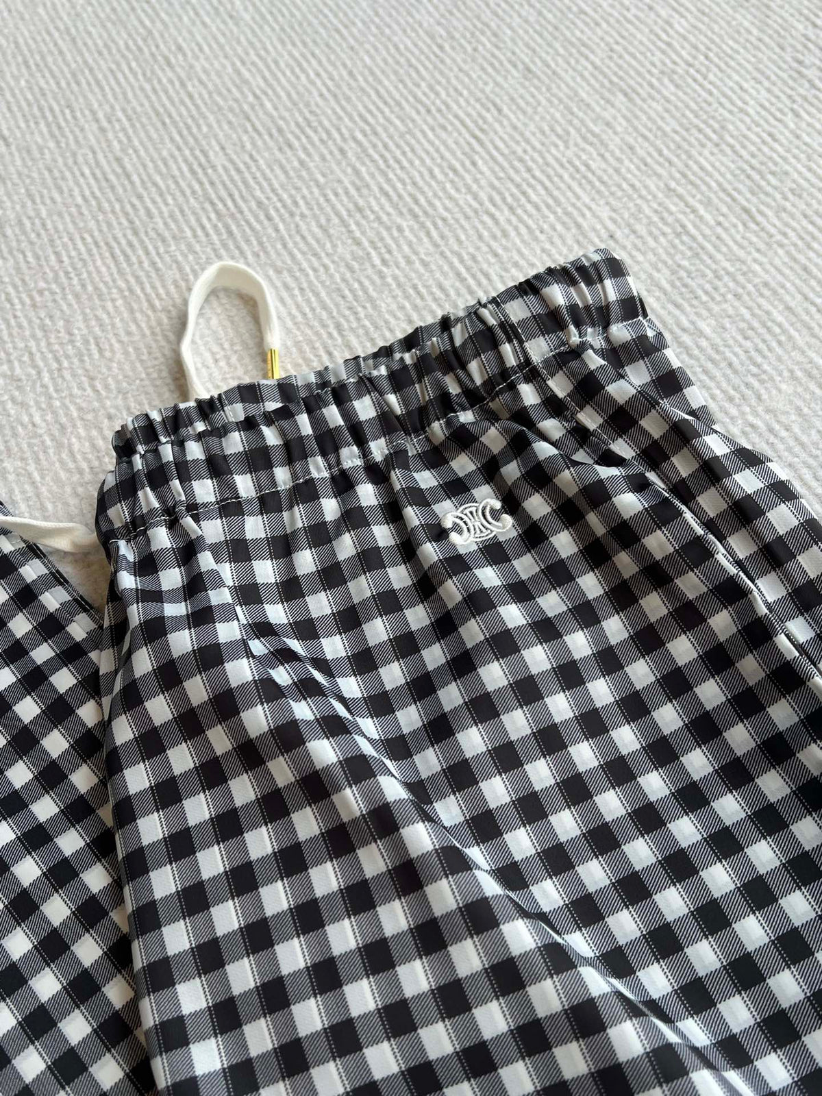 Celine 25 Arc de Triomphe Plaid Casual Pants Black White Polyester