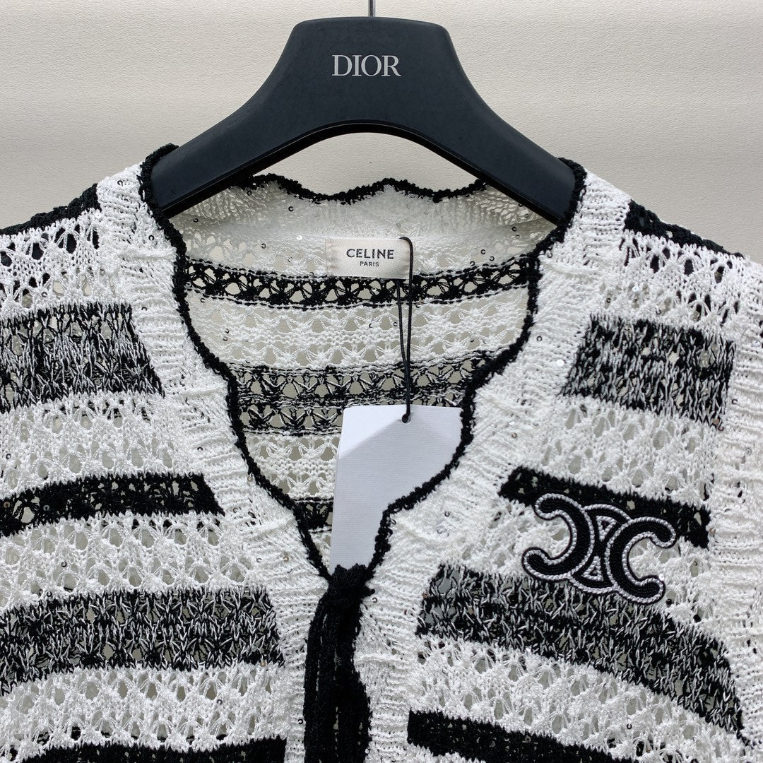 Celine 25 Striped Sleeveless Vest Black White Wool Polyester 277571