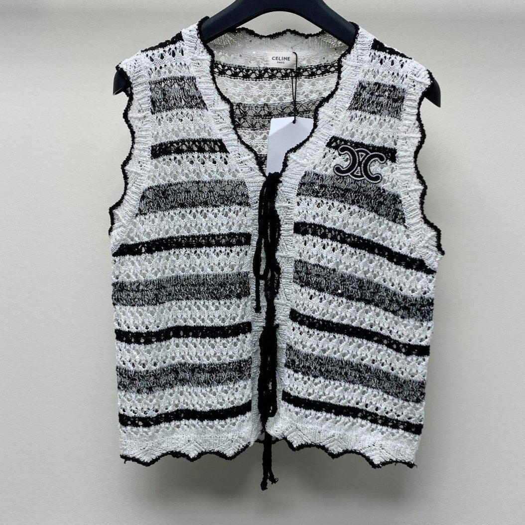 Celine 25 Striped Sleeveless Vest Black White Wool Polyester 277571