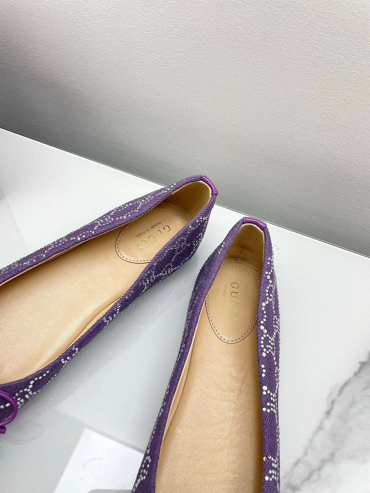 GG Women's Crystal Ballet Flat Purple Denim Patent Leather Trim 511493