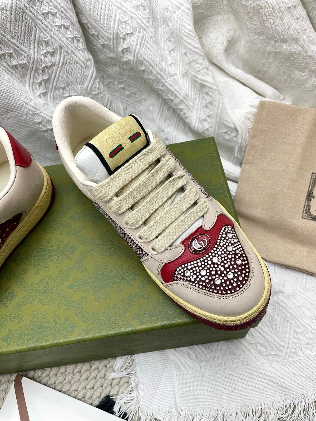GG Women's Crystal Screener Sneaker Ivory Red Leather 611296
