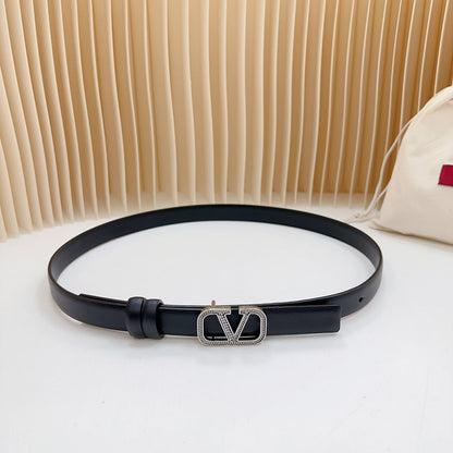 VALENTINO Vlogo Buckle Water Wave Silver Copper Glossy Black Leather 20mm Belt