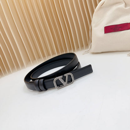 VALENTINO Vlogo Buckle Water Wave Silver Copper Glossy Black Leather 20mm Belt