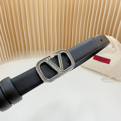 VALENTINO Vlogo Buckle Water Wave Silver Copper Glossy Black Leather 20mm Belt