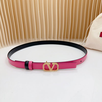 VALENTINO Vlogo Buckle Water Wave Gold Copper Glossy Pink Black Leather 20mm Belt