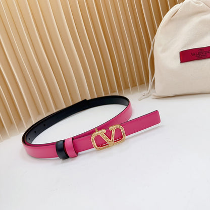 VALENTINO Vlogo Buckle Water Wave Gold Copper Glossy Pink Black Leather 20mm Belt