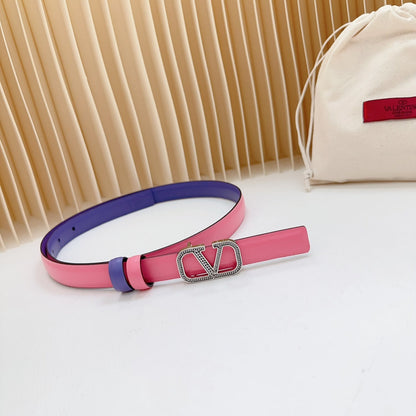 VALENTINO Vlogo Buckle Water Wave Silver Copper Glossy Pink Purple Leather 20mm Belt