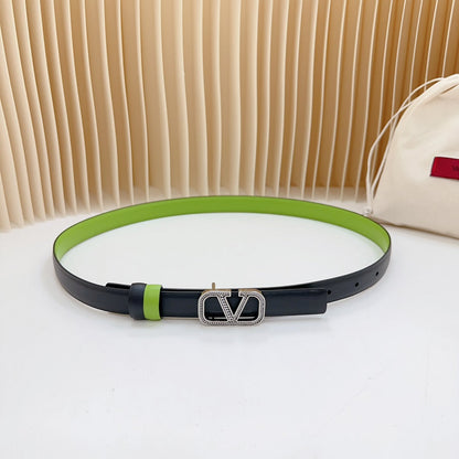 VALENTINO Vlogo Buckle Water Wave Silver Copper Glossy Green Black Leather 20mm Belt