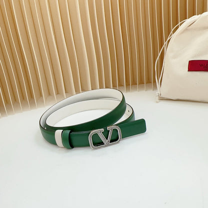 VALENTINO Vlogo Buckle Water Wave Silver Copper Glossy Dark Green White Leather 20mm Belt