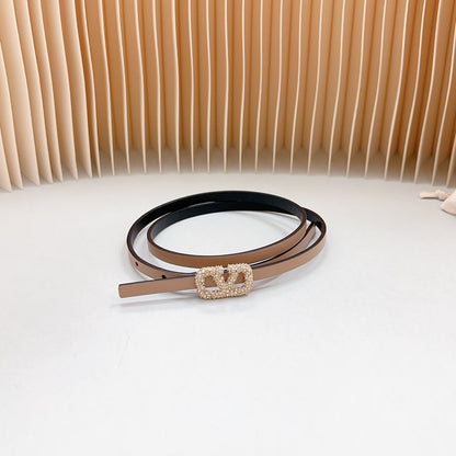 VALENTINO VL Belt 8mm Buckle Gold Diamond Leather Beige Black