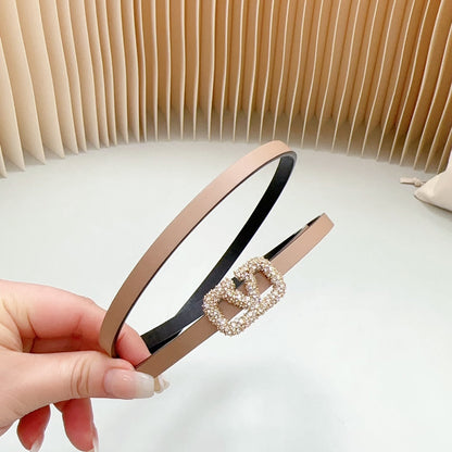 VALENTINO VL Belt 8mm Buckle Gold Diamond Leather Beige Black