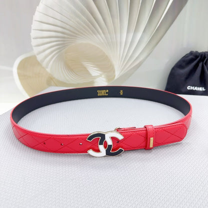 CHANEL BELT 30 MM CHERRY RED CALFSKIN WITH BLACK MIX WHITE LOGO