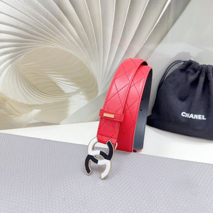 CHANEL BELT 30 MM CHERRY RED CALFSKIN WITH BLACK MIX WHITE LOGO
