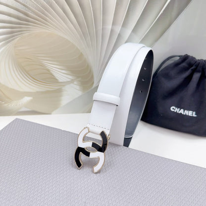 CHANEL BELT 30 MM BLACK MIX WHITE CALFSKIN WITH METAL LOGO