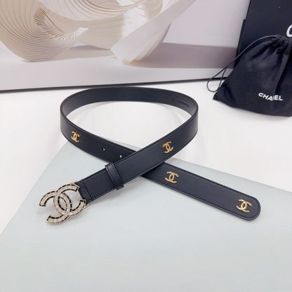 CHANEL 30MM BELT IN BLACK SMOOTH CALFSKIN METAL LOGO GOLD HARDWARE