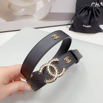 CHANEL 30MM BELT IN BLACK SMOOTH CALFSKIN METAL LOGO GOLD HARDWARE