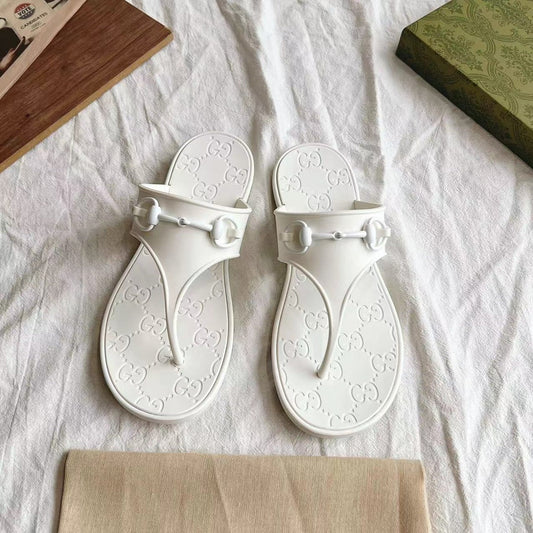 GG 26s Horsebit Thong Sandals White Rubber 826208