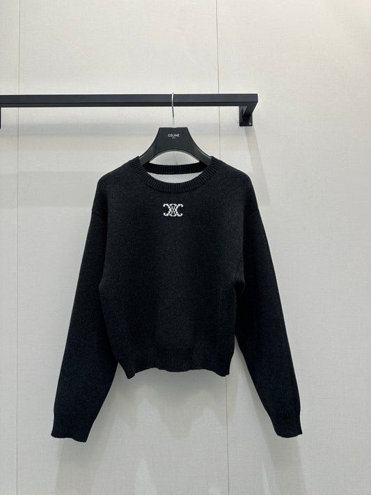 Celin Embroidered Crew Neck Sweater Black Wool 346096