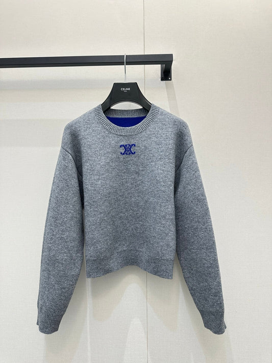 Celin Embroidered Crew Neck Sweater Grey Wool 346098