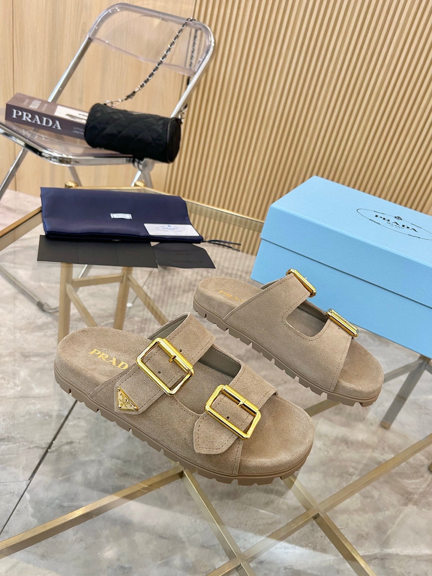Prada 2026 Retro Triangle-Logo Sandals Suede 778905