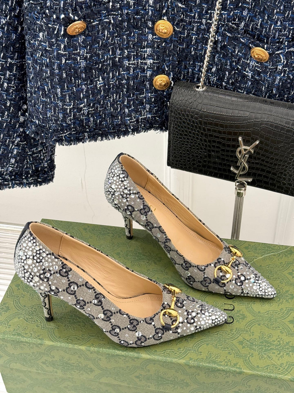 GG Pump 85 Beige Black Ebony Canvas Crystal-Embellished