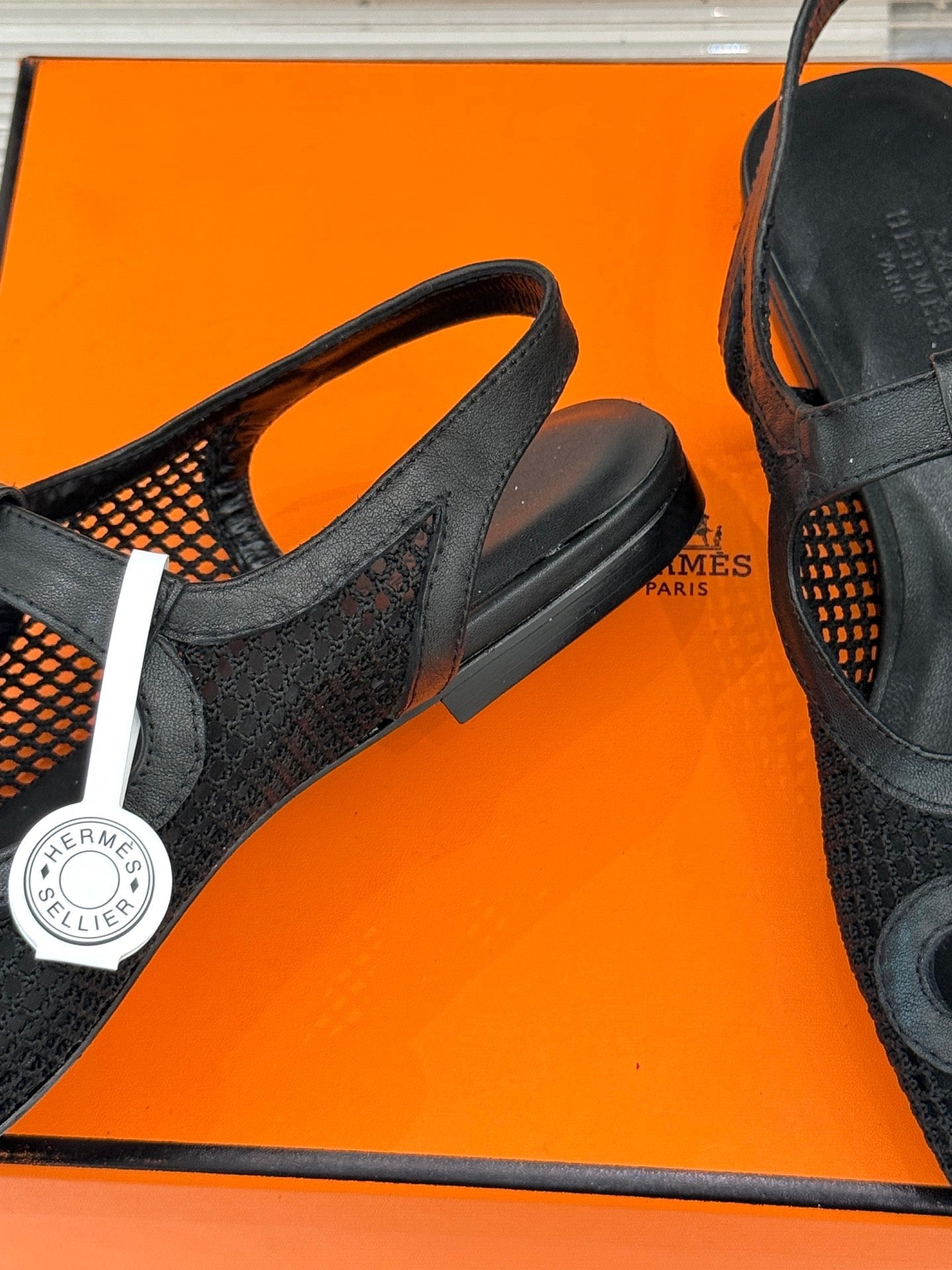HM 25WF Flat Sandals Mesh Cutout Black Calfskin 571917
