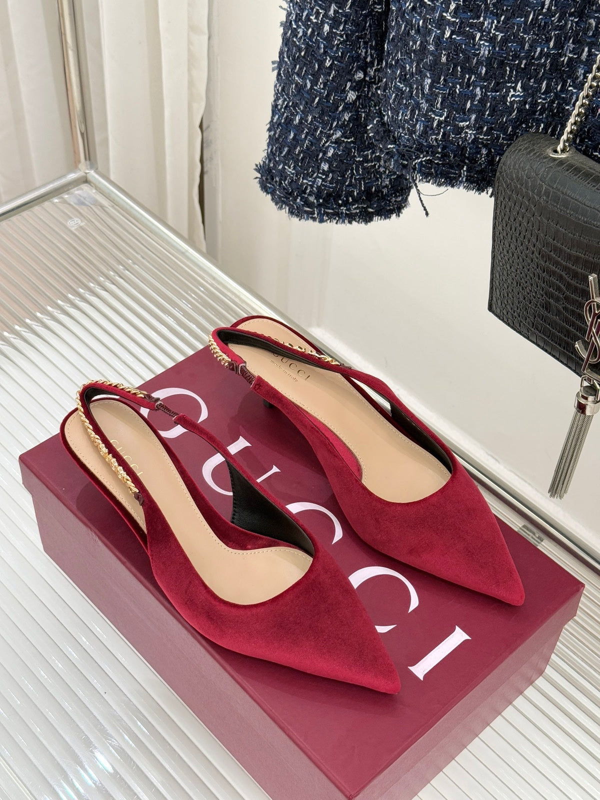 GG 26 Signoria Slingback Pumps 4.5cm Deep Wine Red Suede 632522