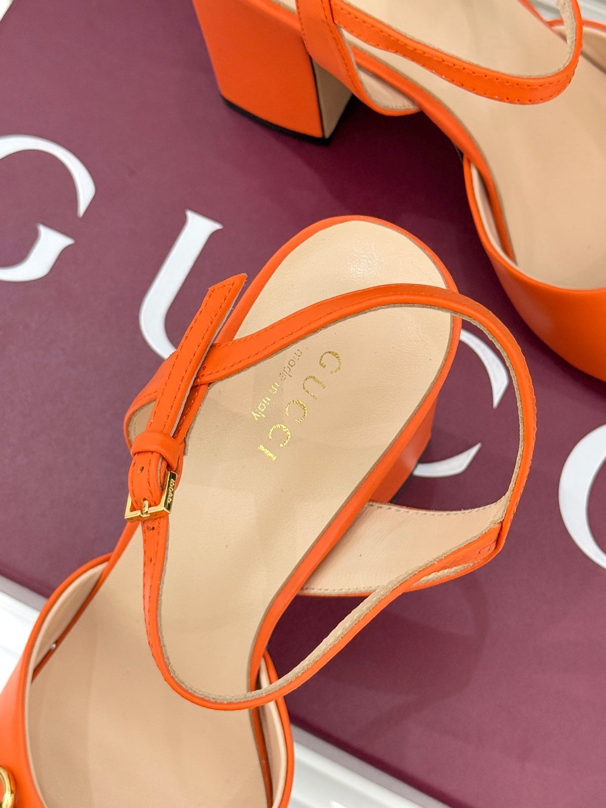 GG 26WF Chunky Heel Sandals 5cm Orange Sheepskin 632554