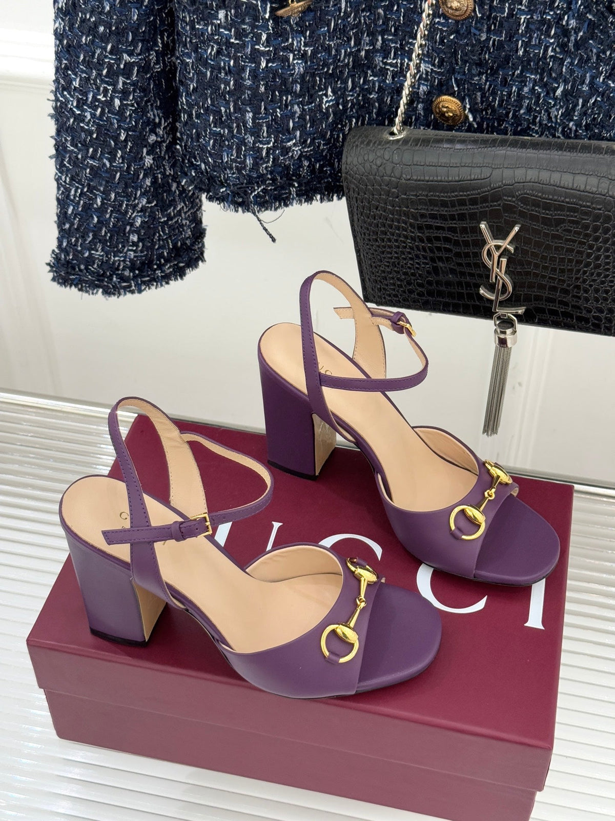 GG 26WF Chunky Heel Sandals 5cm Royal Purple Sheepskin 632558
