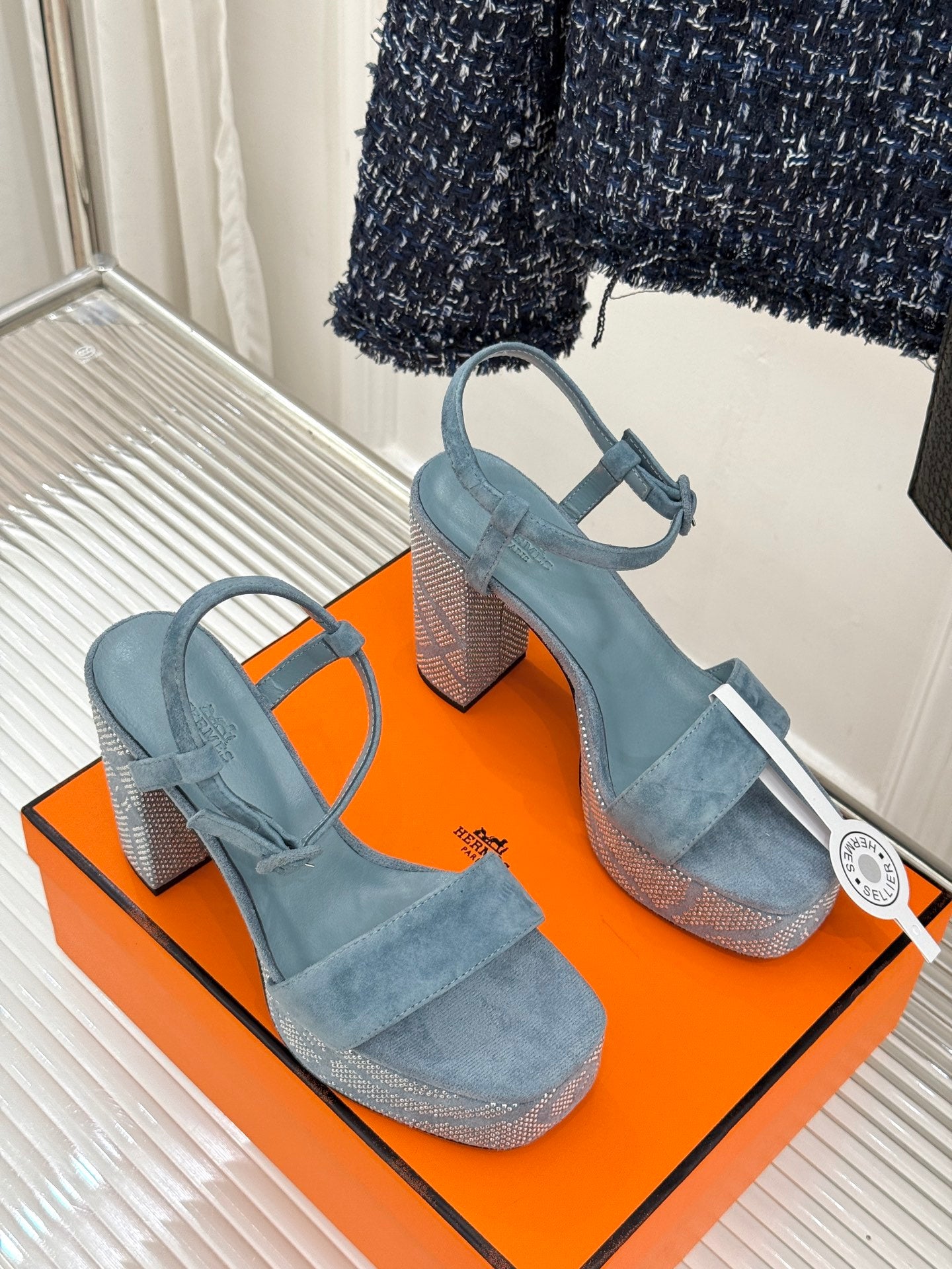 HM 26s Lightning Sandal 7cm Blue Suede Sheepskin 675699