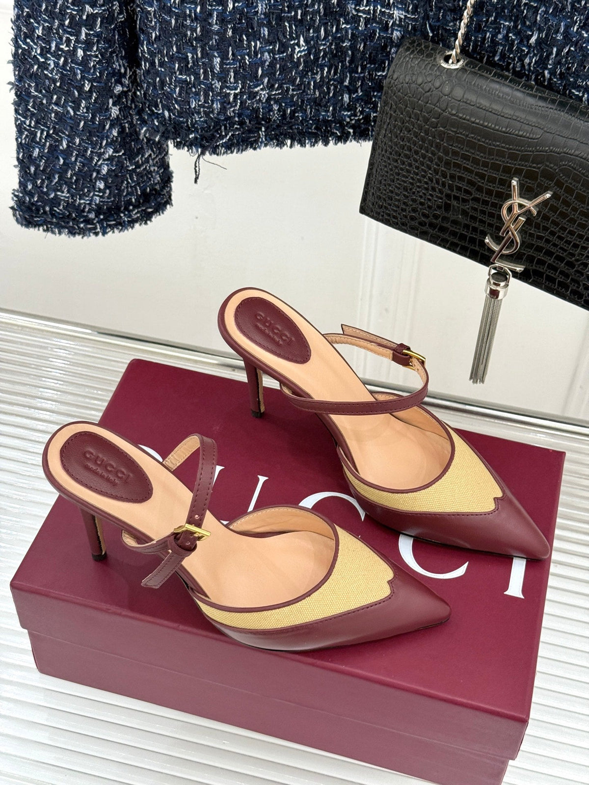 GG 26WF Mules 9.5cm Wine Red Beige Leather Canvas 886168