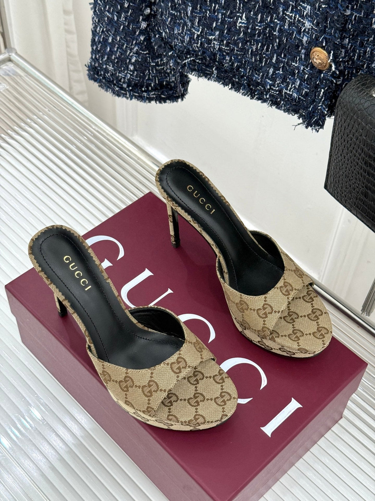 GG 26s Sorbetto Slide Sandal 12cm Beige Canvas 991741