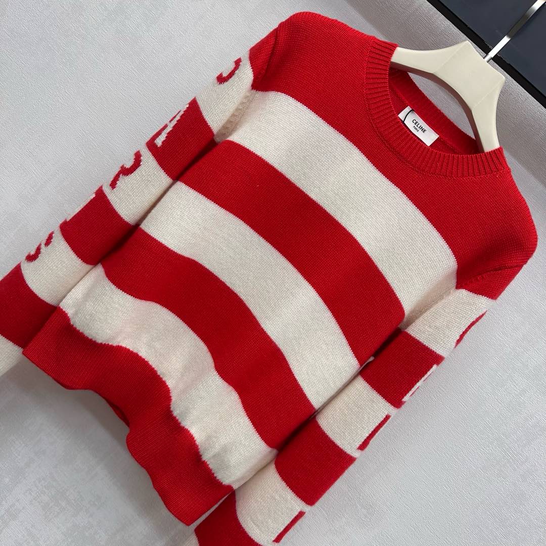 Celine Crewneck Pullover Sweater Red Mix Cream Wool and Cashmere 341953