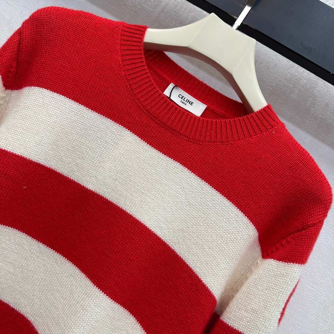 Celine Crewneck Pullover Sweater Red Mix Cream Wool and Cashmere 341953