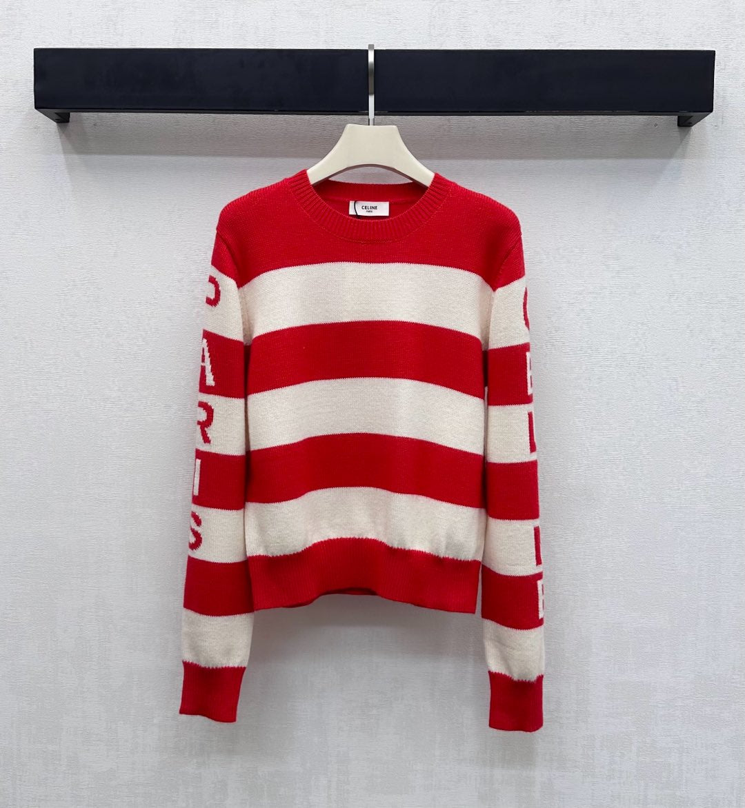 Celine Crewneck Pullover Sweater Red Mix Cream Wool and Cashmere 341953
