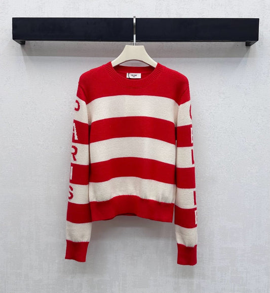 Celine Crewneck Pullover Sweater Red Mix Cream Wool and Cashmere 341953
