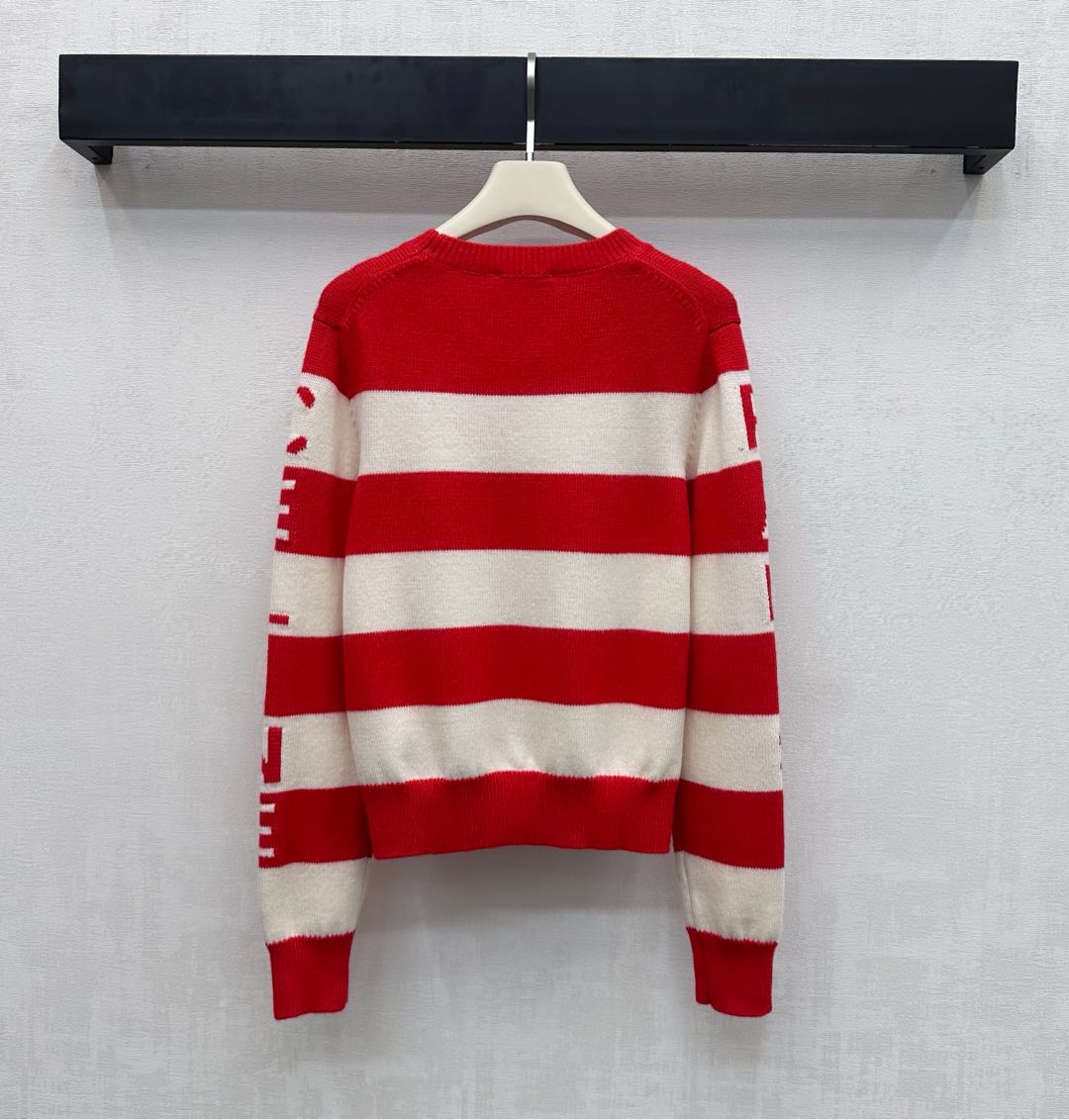 Celine Crewneck Pullover Sweater Red Mix Cream Wool and Cashmere 341953