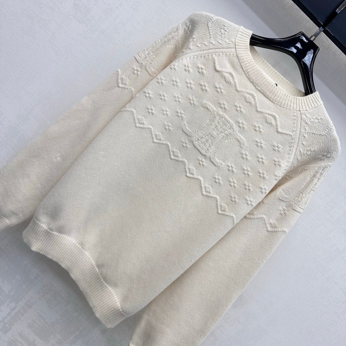 Celine 26s Jacquard Knit Long-Sleeved Top Cream Wool 421309