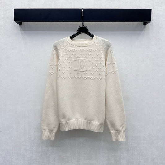 Celine 26s Jacquard Knit Long-Sleeved Top Cream Wool 421309