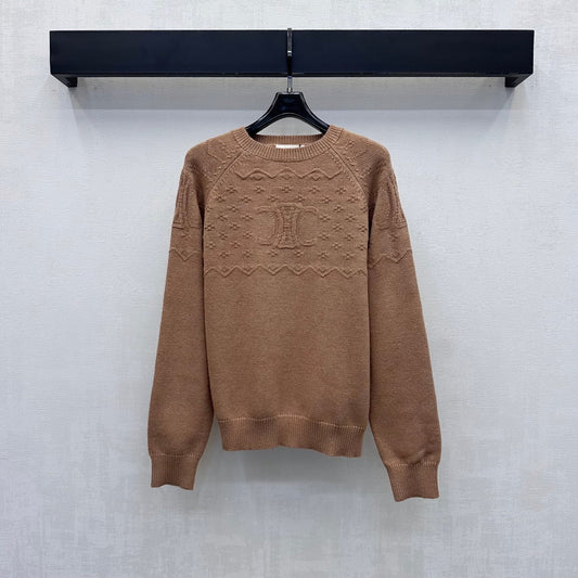 Celine 26s Jacquard Knit Long-Sleeved Top Brown Wool 421313