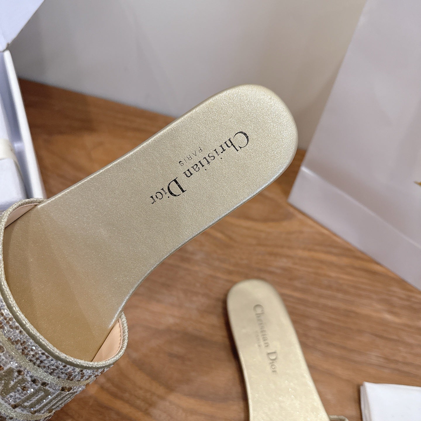 CD 26s Embroidered Sandals Gold Champage  Canvas Leather 685616