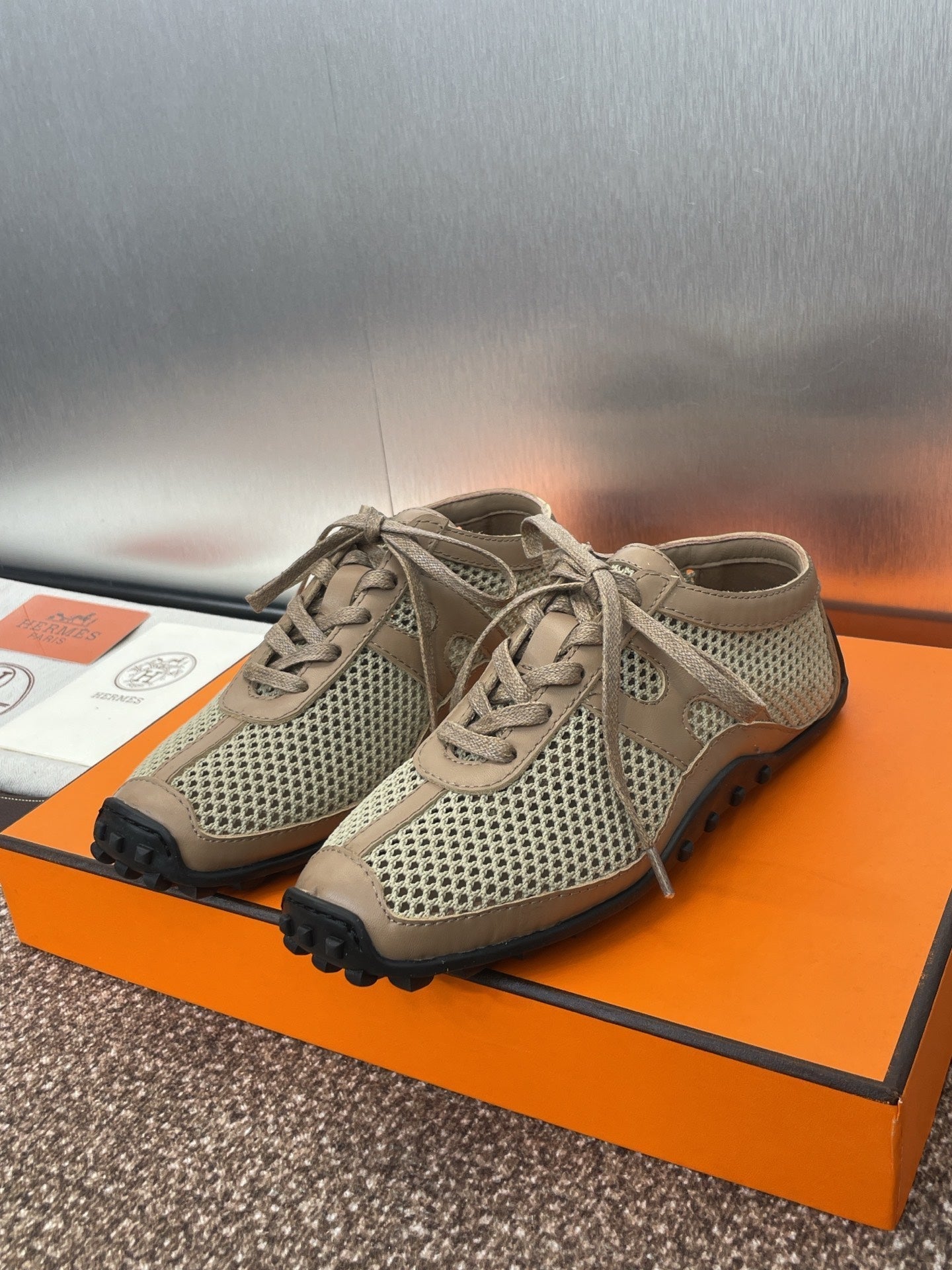 HM Kiga Sneaker In Mocha Brown Crochet Knit And Calfskin