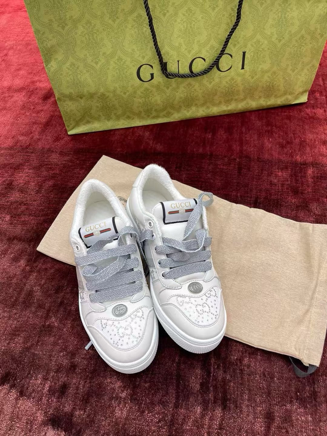 GG Screener Trainer Sneakers White Light Grey  Cowhide Frabic 502168